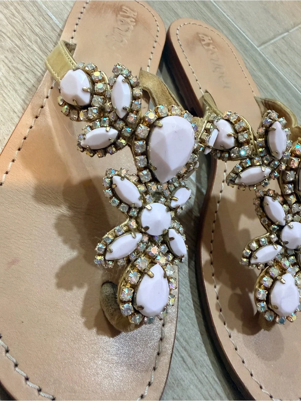 Mystique Boca Raton Pink Crystal Jeweled Leather Thong Sandals size 7